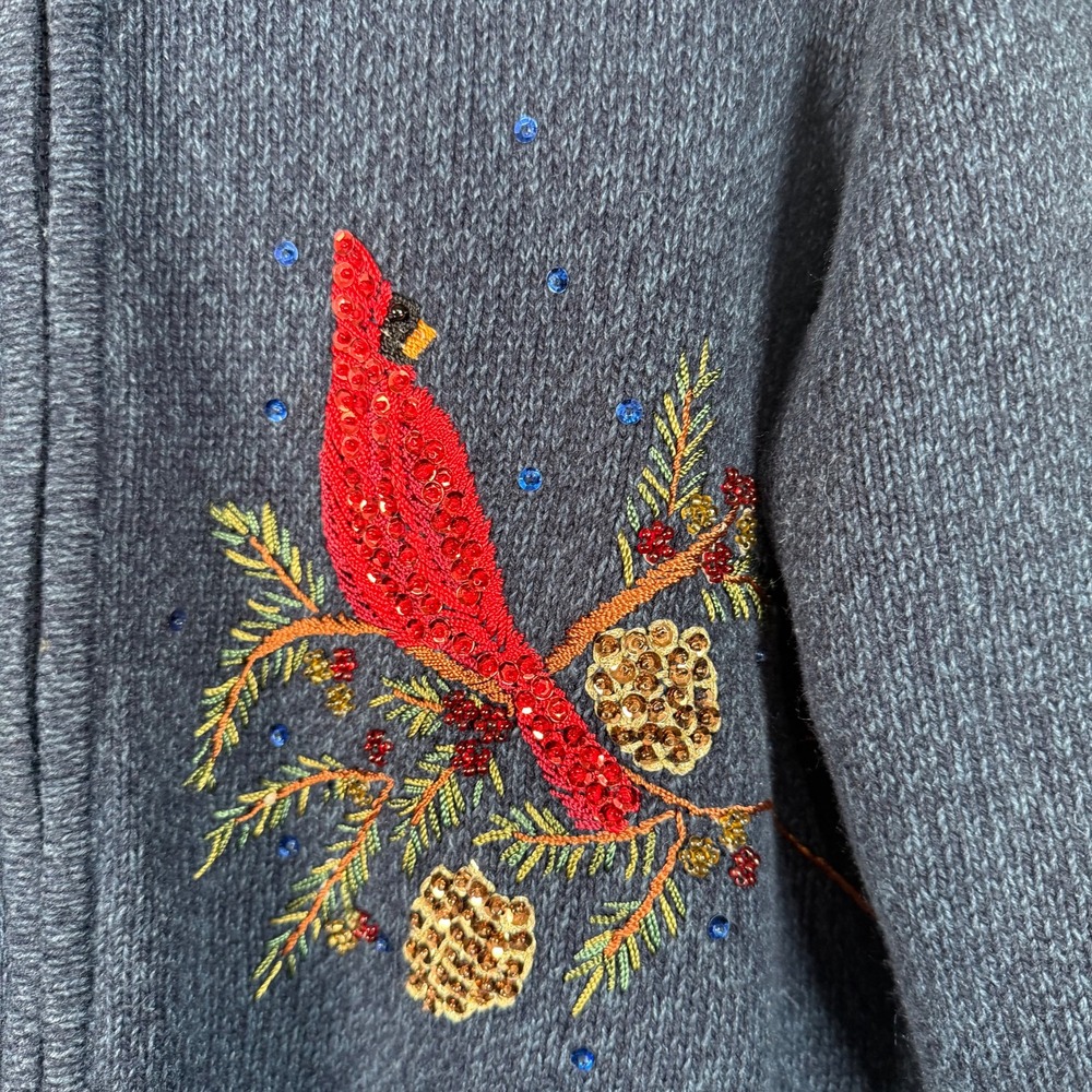 Heirloom Collectibles Embroidered Sequin Cardinal Full Zip Cardigan Sweater L - Picture 4 of 9